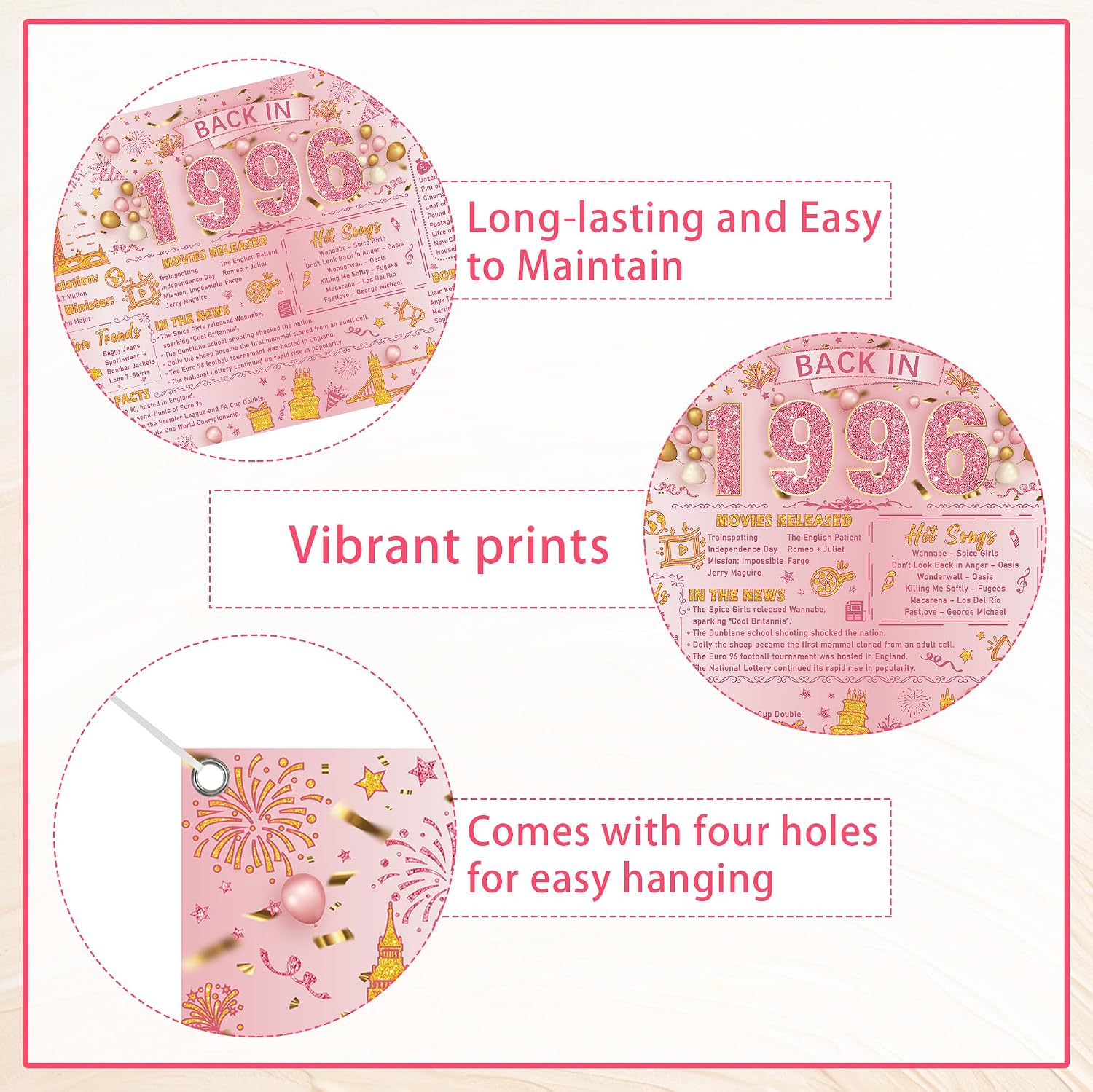 Thumbnail 2 de 30th Birthday Decorations for Women: Pink Gold Retro 1996 Backdrop Banner