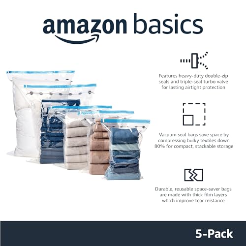 Detalle de Amazon Basics Vacuum Compression Zipper Storage Bags with Airtight Valve and Hand Pump – Large (5-Pack)