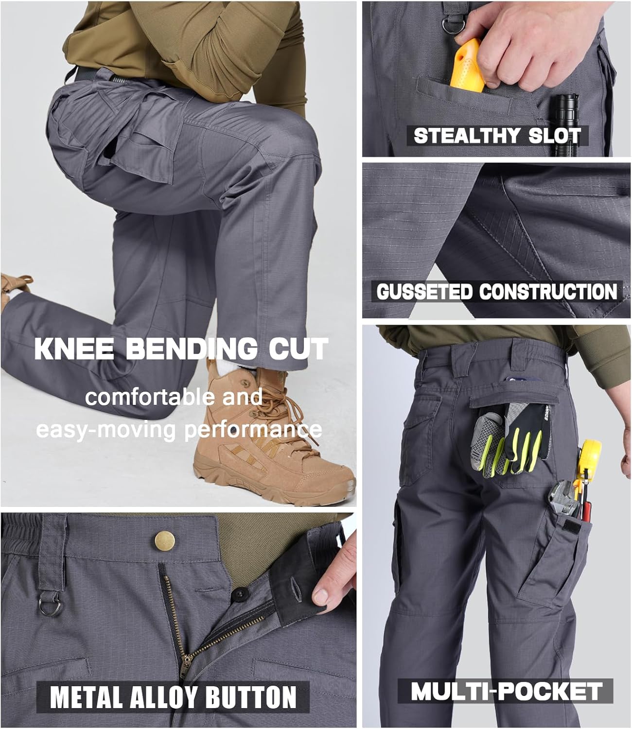 Thumbnail 4 de SPOSULEI Herren Cargohose Leichte Outdoor-Wanderhose im Ripstop-Look, Dunkelgrau (44W/30L)