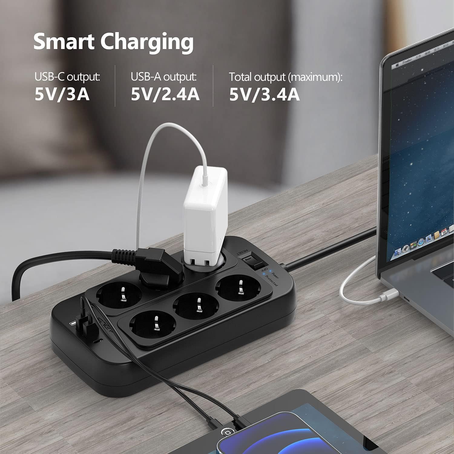 Thumbnail 2 de JSVER Multiprise Parasurtenseur USB 6 Prises + 4 Ports USB (5V 3,4A) – Protection 1050 J et Câble 5m