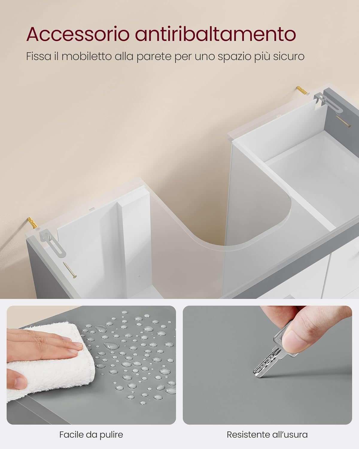 Thumbnail 5 de VASAGLE Mobile sottolavabo per bagno BBK504W02 – Bianco Nuvola e Grigio Tortora, 3 cassetti laterali e 2 scomparti