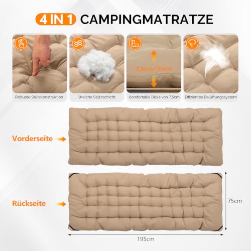 Detalle de Bonnlo Feldbett klappbar mit Matratze – XXL Campingbett 190 x 71 x 36 cm, verstärkte Stahlrohre, Oxford-Gewebe, Braun