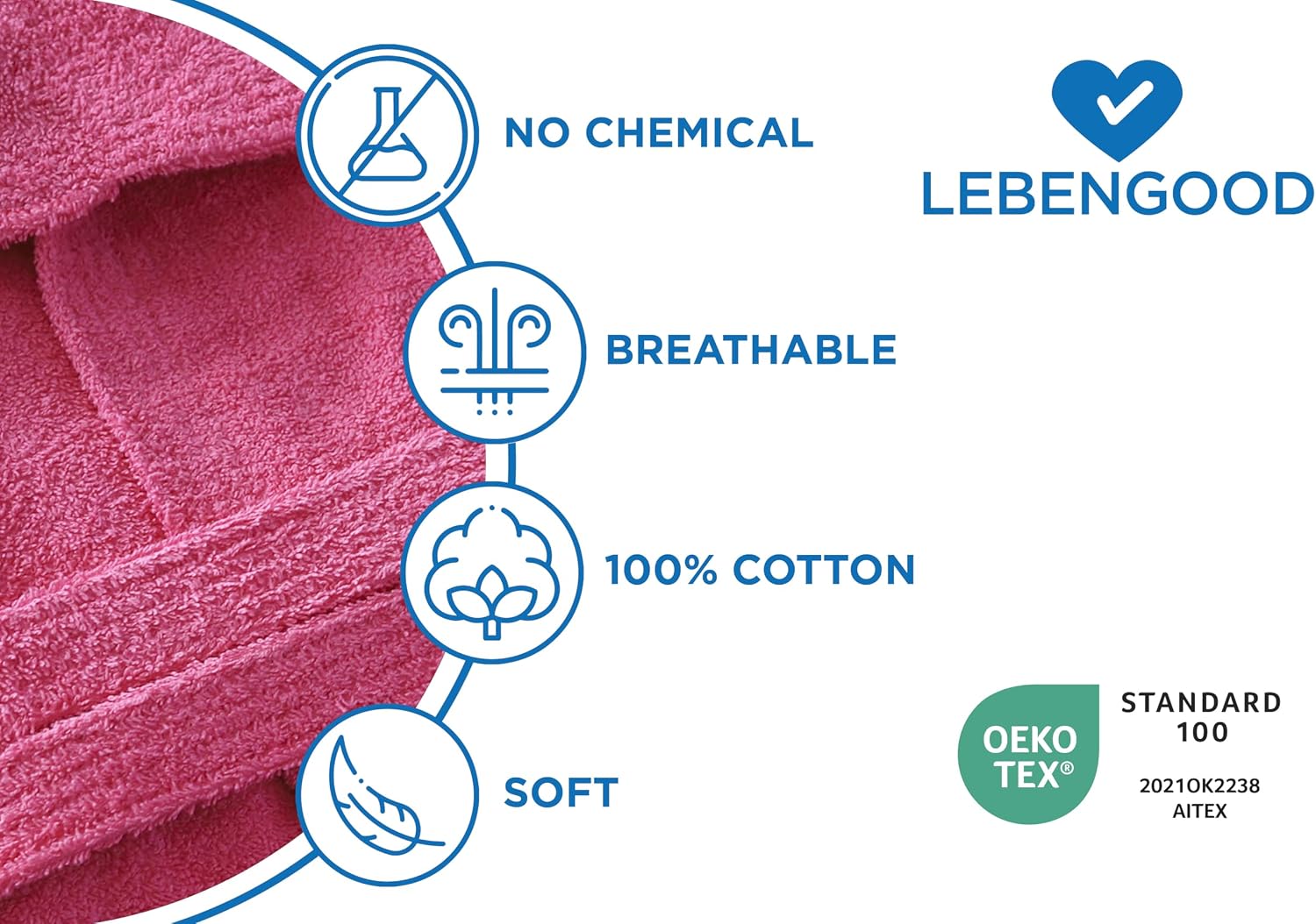 Detalle 2 de LEBENGOOD Peignoir de bain à capuche 100% coton éponge 400 g/m² – available tailles et couleurs