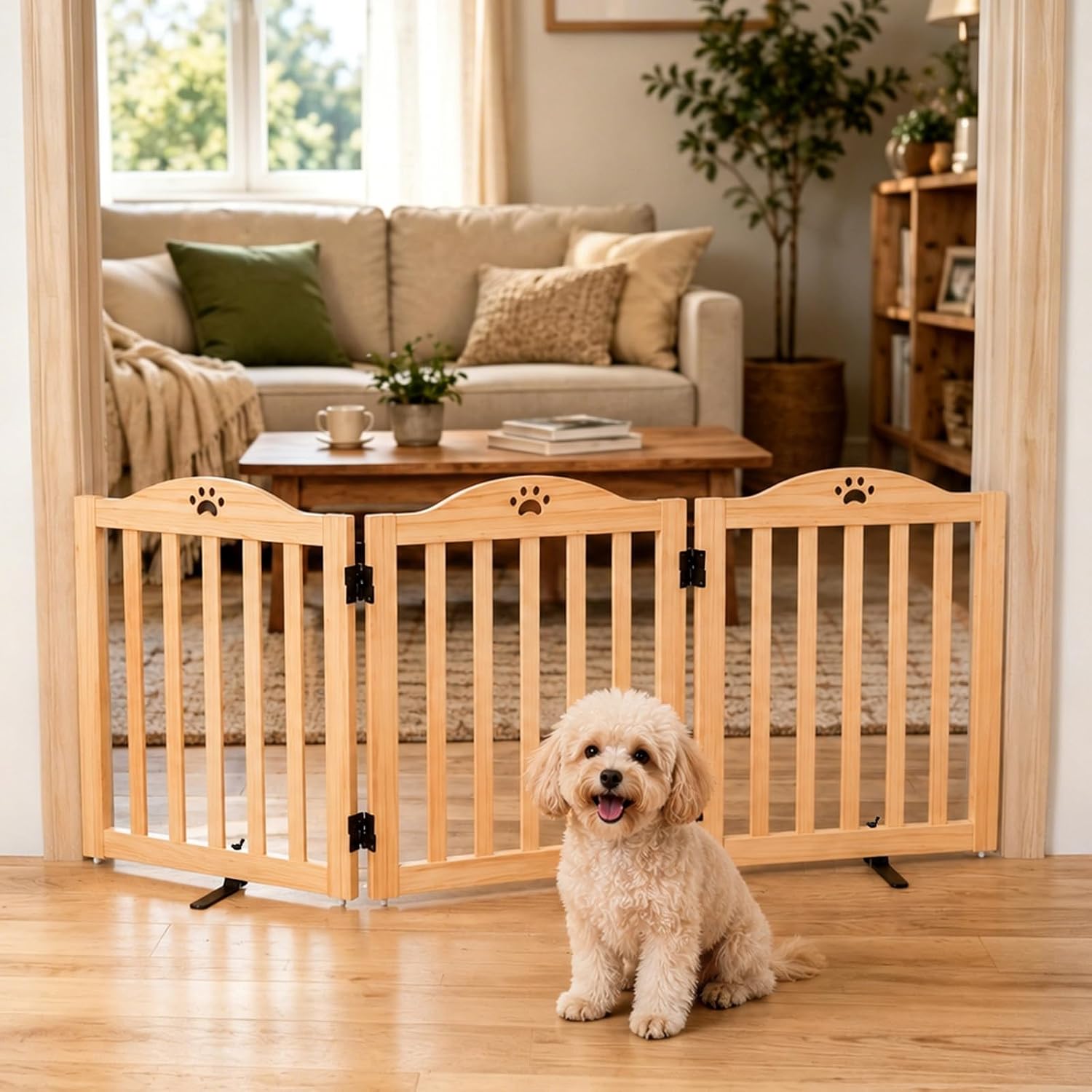 Detalle de YOCAN freestanding wood dog gate, 31.5-inch