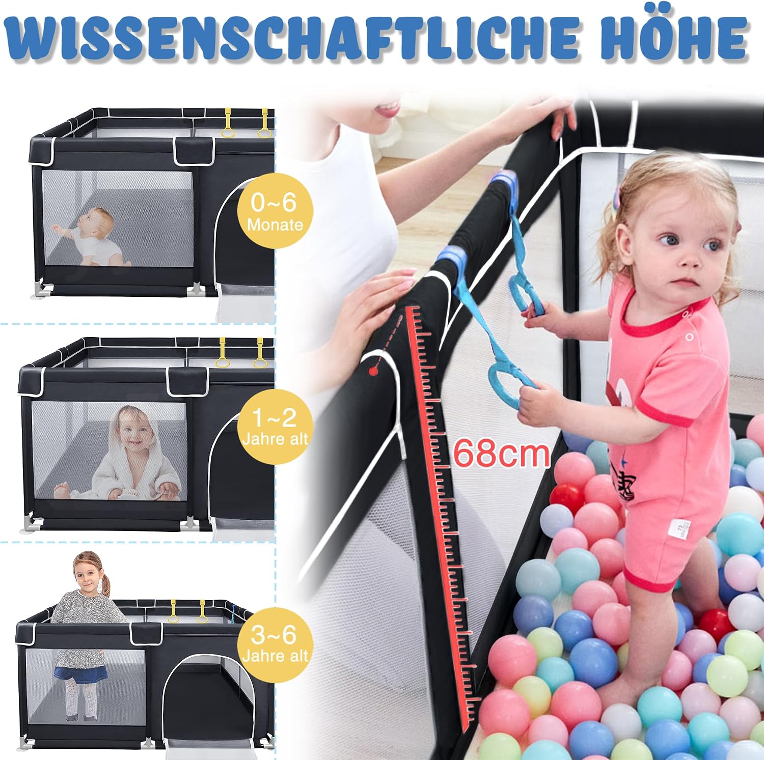 Detalle 2 de UISEBRT kinderbox 127 x 127 cm met antislipbodem, ademend net en 50 ballen