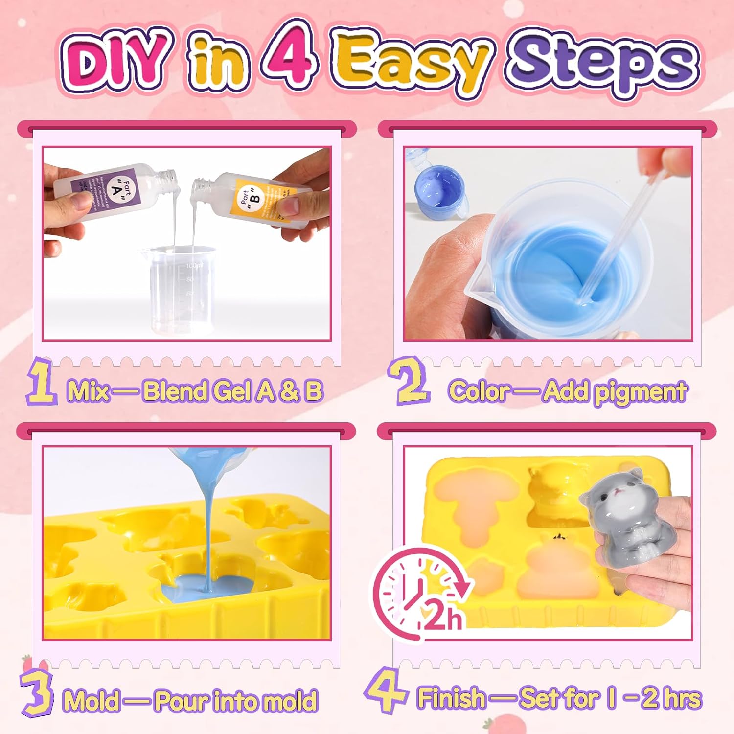 Detalle 2 de DIY Animal Squishy Kit with Fast Cure Liquid Silicone – 6-in-1 Mould, 200g AB 1:1, Complete Tool Set