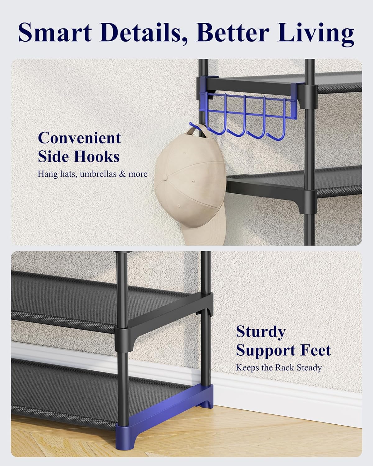Detalle de Kitsure 10-Tier Shoe Rack for Closet with Hook Rack (Black) — Space-Saving Shoe Organizer
