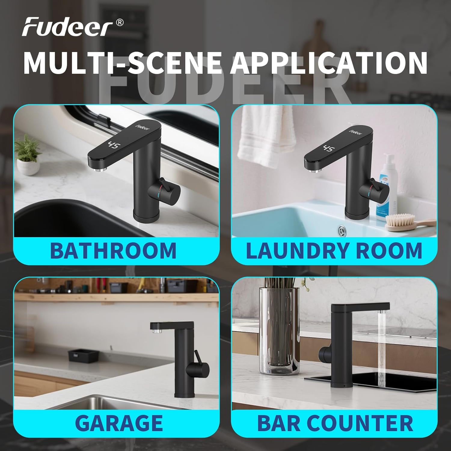 Thumbnail 3 de Fudeer Wasserhahn mit Durchlauferhitzer (230V, 3,3 kW) und Digitaldisplay – 30–45 °C, drehbarer Auslauf, 304 Edelstahl