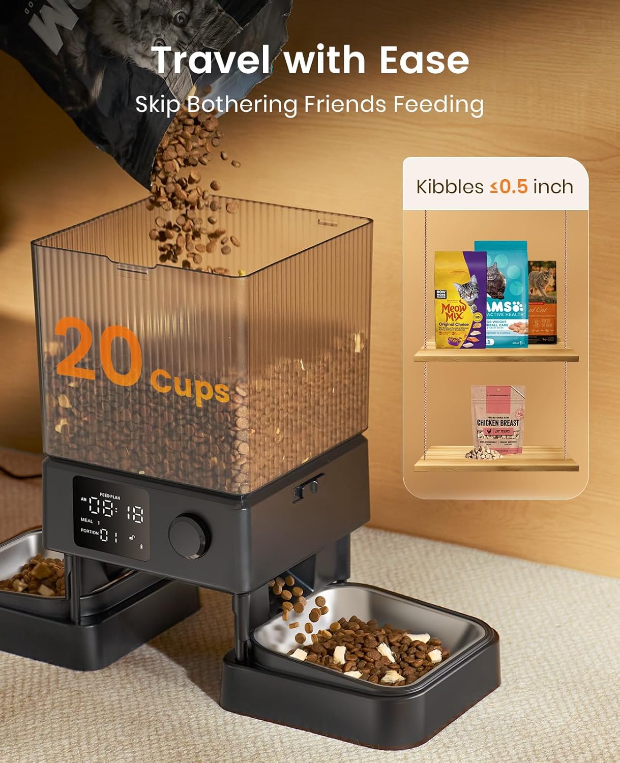 Detalle 2 de Oneisall Automatic Cat Feeder for 2 Cats: 5L/20 Cups, Timed Dry Food Dispenser with Dual Bowls