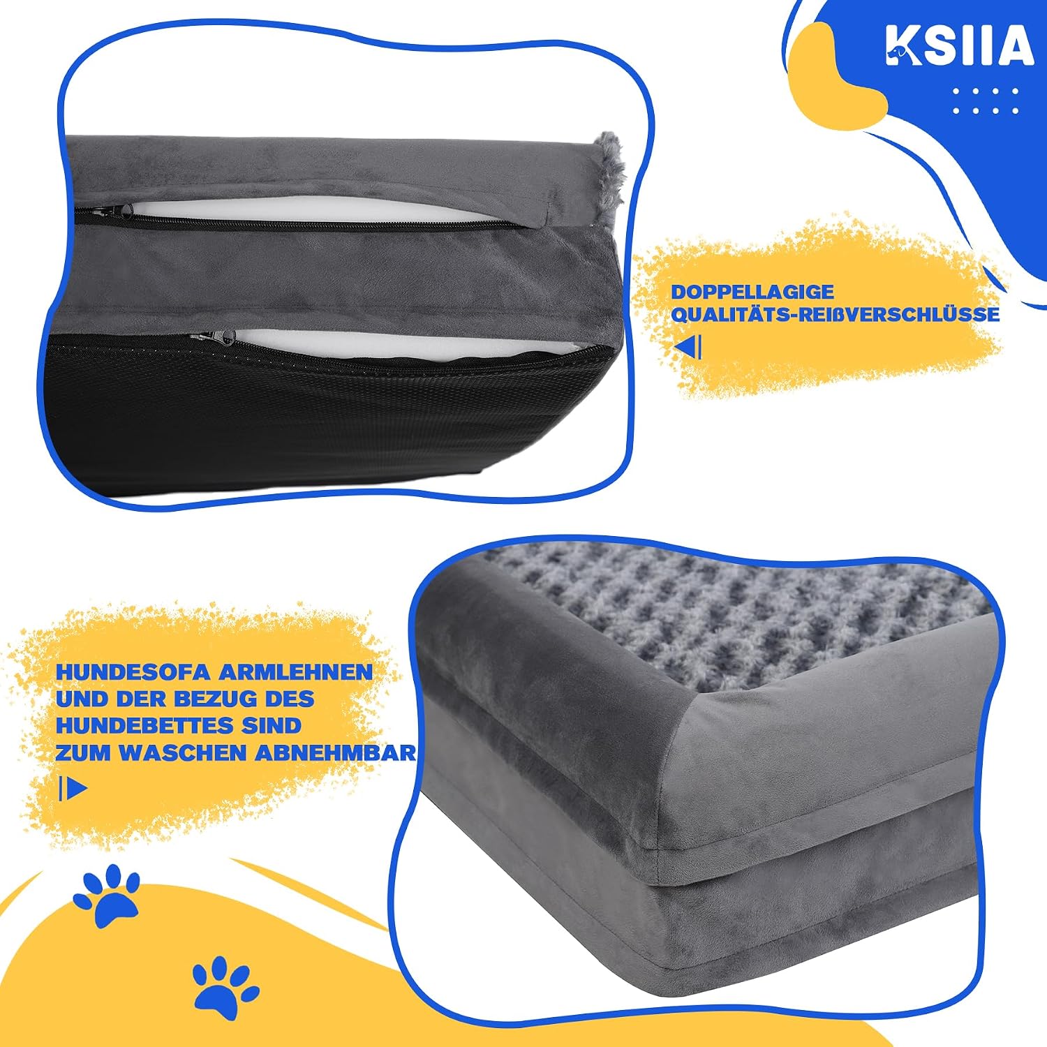 Thumbnail 6 de KSIIA Orthopädisches Hundebett Mittelgroße Hunde, 91x68x16 cm – Grau, mit drei erhöhten Rändern, abnehmbarer Bezug und rutschfeste Unterseite