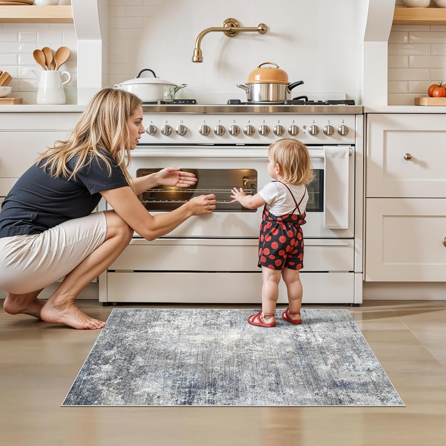 Detalle de 2x3 Washable Non-Slip Rug – Modern Abstract Neutral (Blue Grey, 2x3)