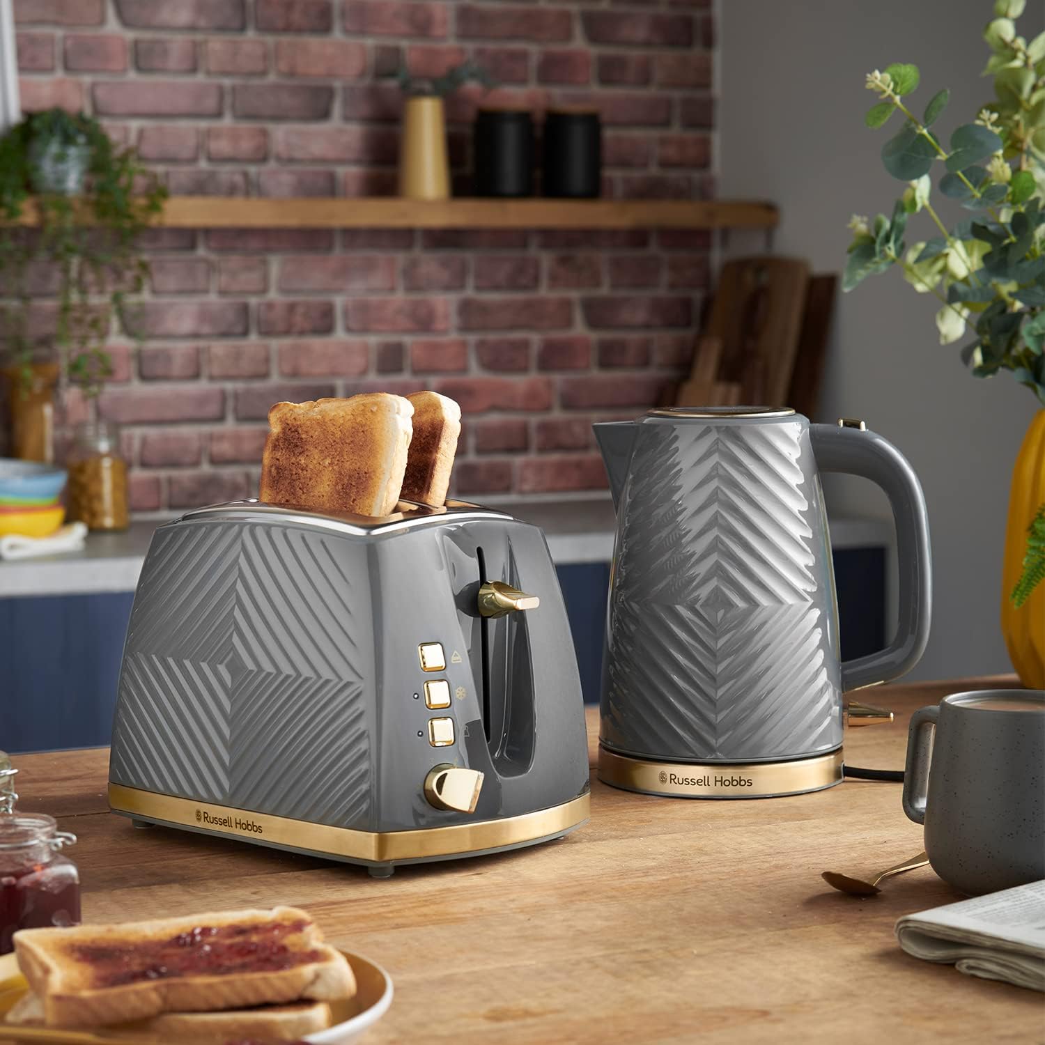 Thumbnail 2 de Russell Hobbs Groove 2 Slice Toaster: Grey with Brushed Gold Accents