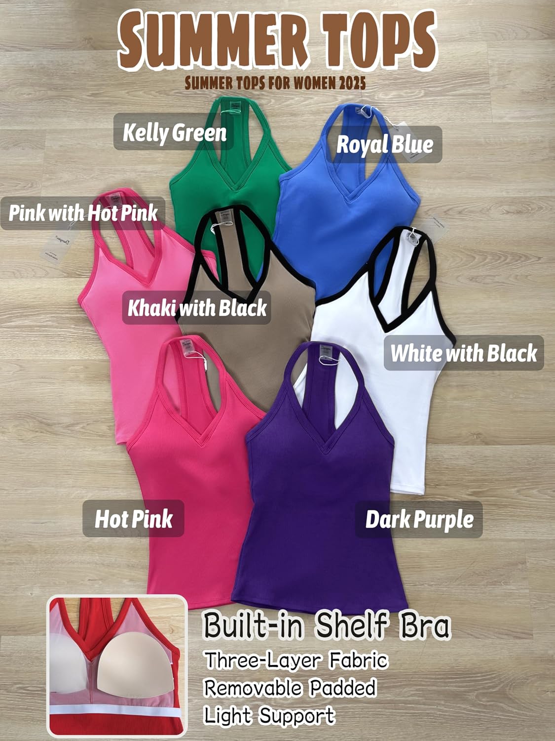 Detalle de Danysu Women's V-Neck Tank Top with Built-In Shelf Bra, Removable Pads and Ribbed Stretch