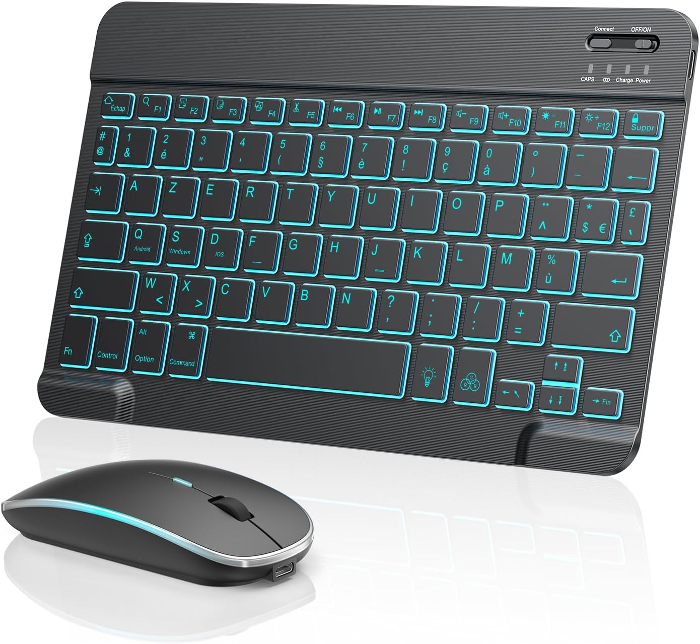 Detalle de ENSEMBLE TECURS Clavier et Souris Bluetooth sans Fil pour iPad — Rétroéclairage 7 couleurs, AZERTY Français, Ultra-mince