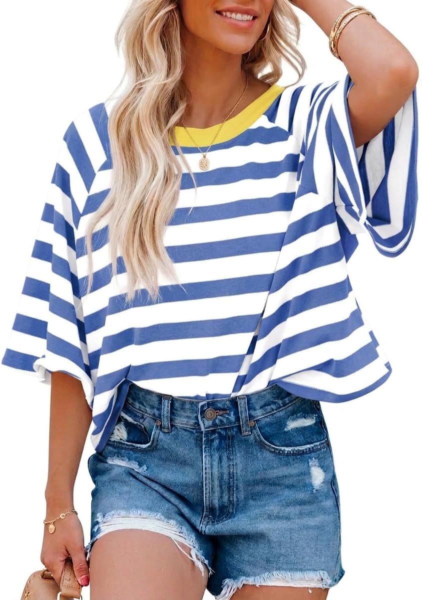 Detalle de Chicrise Damen Oversize Ringelshirt – Sommer Kurzarm Top im Streifenlook