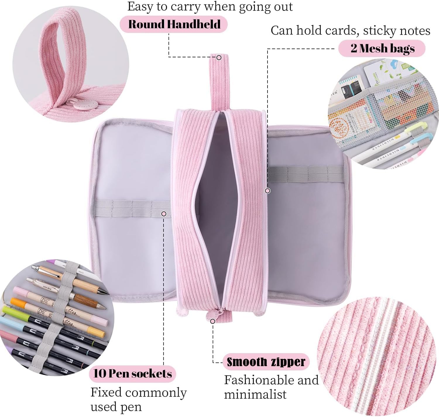 Detalle de VICDUEKG Federmäppchen aus Cord-Stoff – 3 Fächer, Rosa, mit großer Kapazität