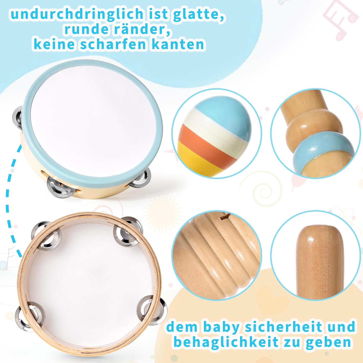 Detalle de Set strumenti musicali in legno Montessori 6 in 1 per bambini (1 anno) con maracas, xilofono e tamburi