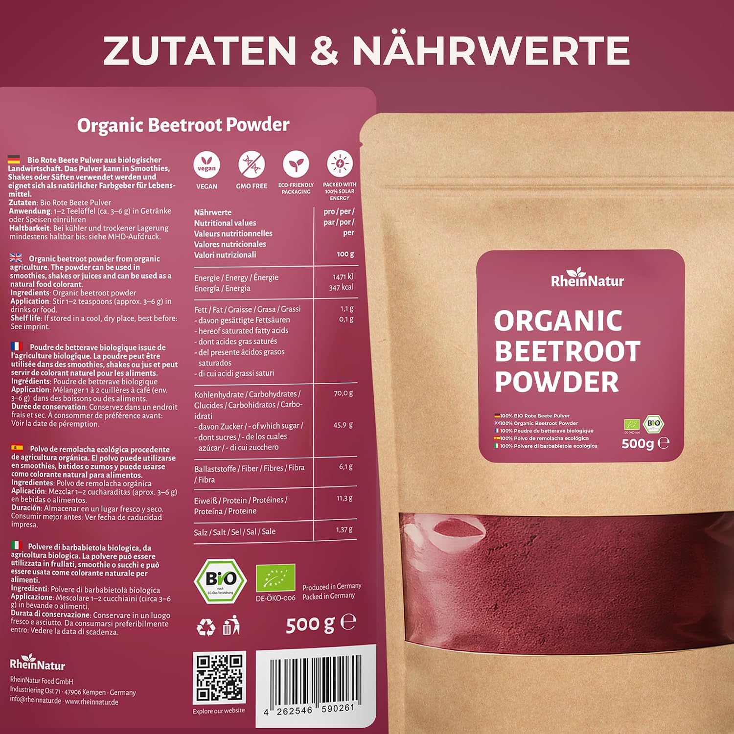 Detalle de RheinNatur biologisch bietenpoeder 500 g, vegan en fijn gemalen