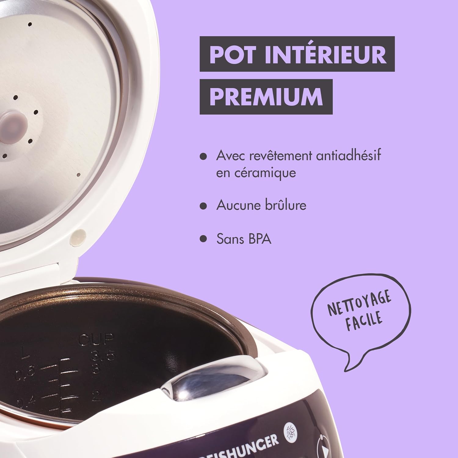 Detalle de Reishunger Mini Auto Cuiseur Riz — 0,6 L, 7 modes, maintien au chaud, accessoire céramique