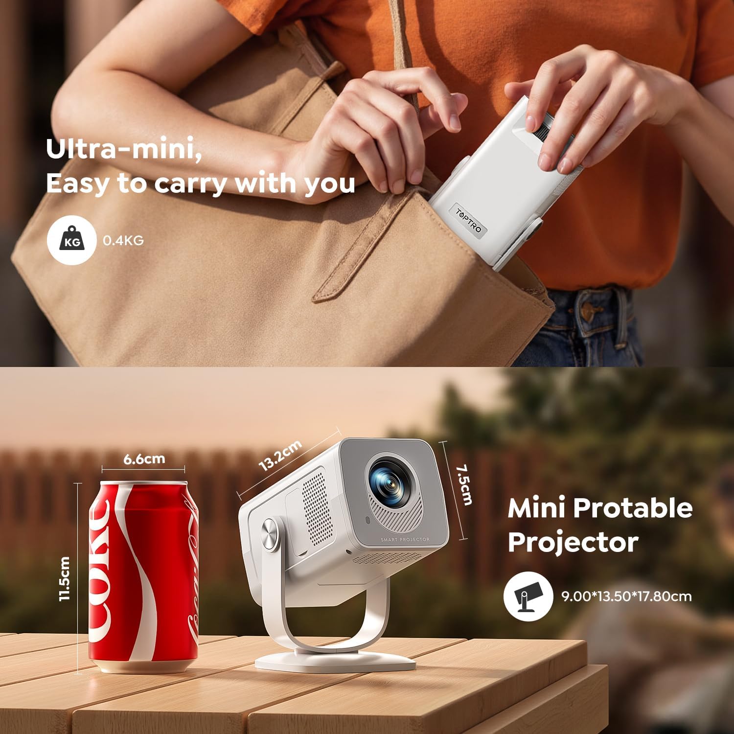 Detalle de TOPTRO Mini Portable Projector (Built-in Android 14) – Ultra Short Throw, 1080P with 4K Support