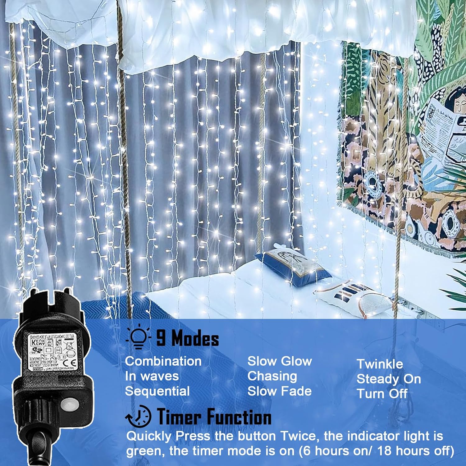 Detalle de yowin Tenda Luminosa Natale 300 LED 3x3 m con spina, timer e 8 modalità