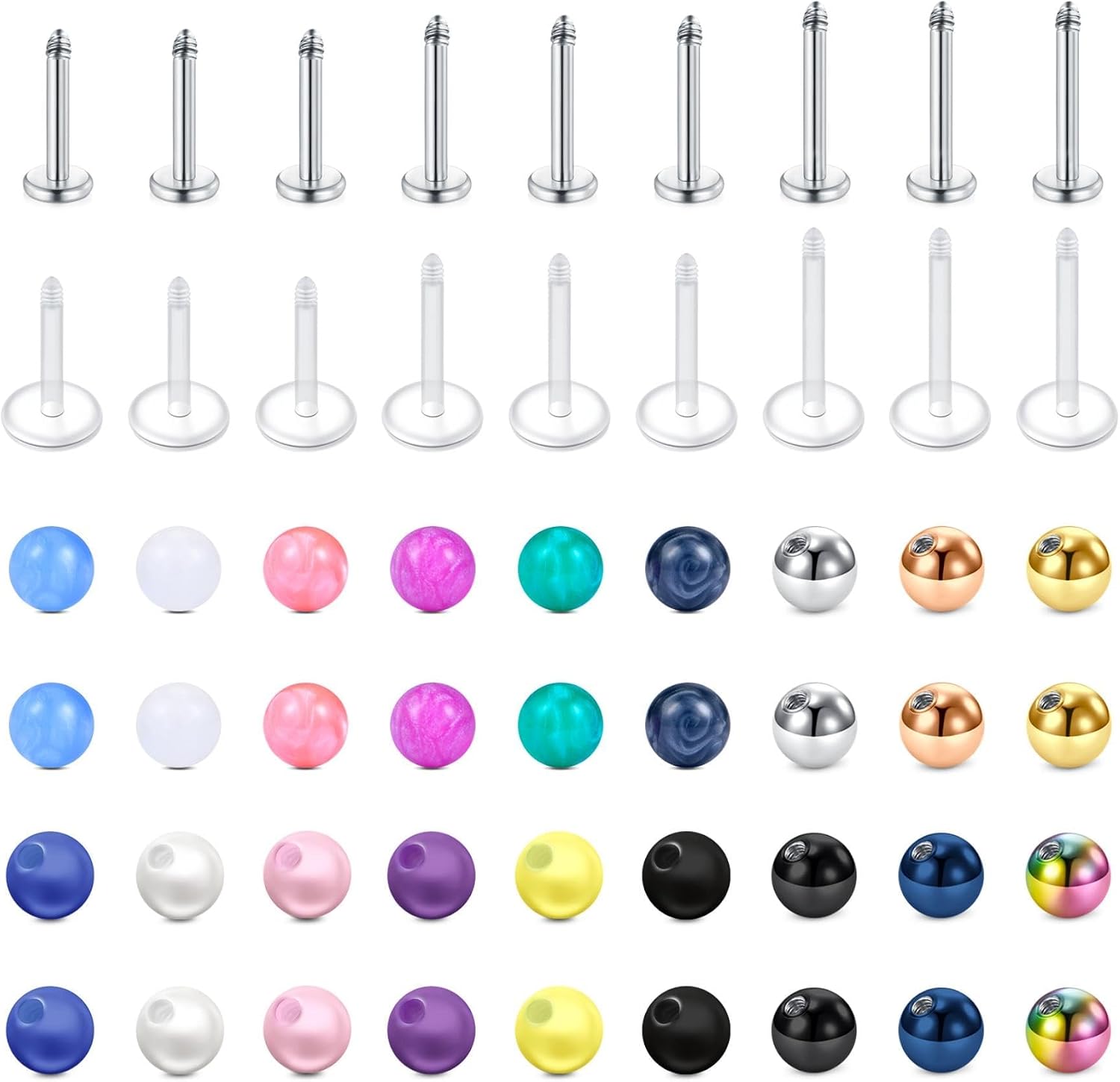 Detalle de CIZME Labret Piercing 16G 1,2 mm Chirurgenstahl Silber Set – 12 Stäbe + 14 Kugeln