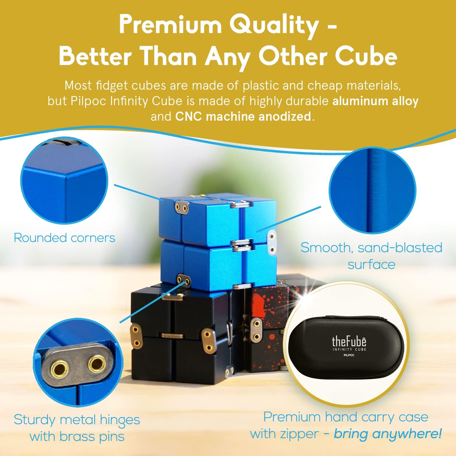 Detalle de PILPOC theFube Infinity Cube Fidget Desk Toy (Aluminum) with Protective Case, Black/Red