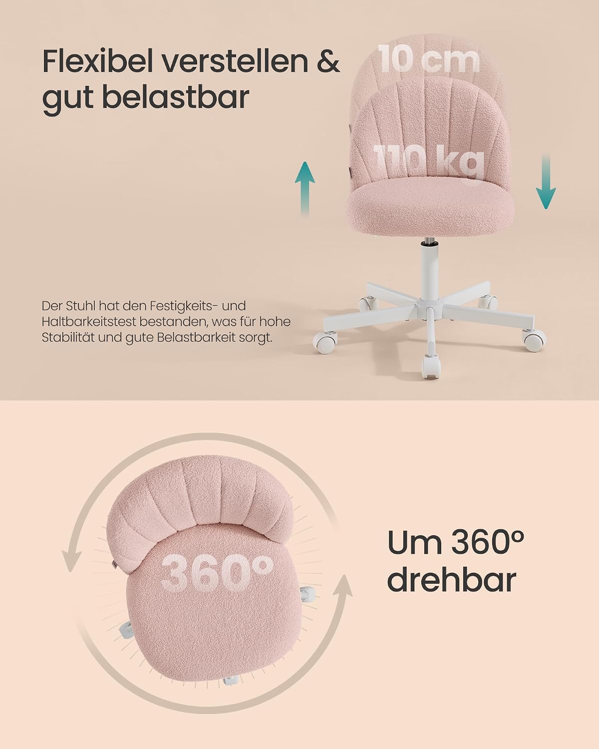 Thumbnail 6 de SONGMICS Schminkstuhl OBG027SA01 – Homeoffice-Stuhl aus Fleece, höhenverstellbar, pastelrosa