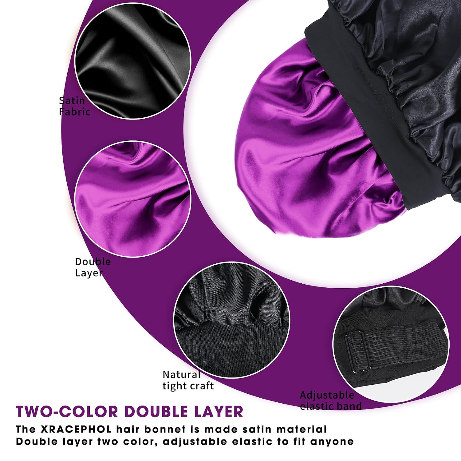 Detalle de XRACEPHOL Double-Layer Satin Sleep Bonnet, Adjustable and Reversible, Black and Purple