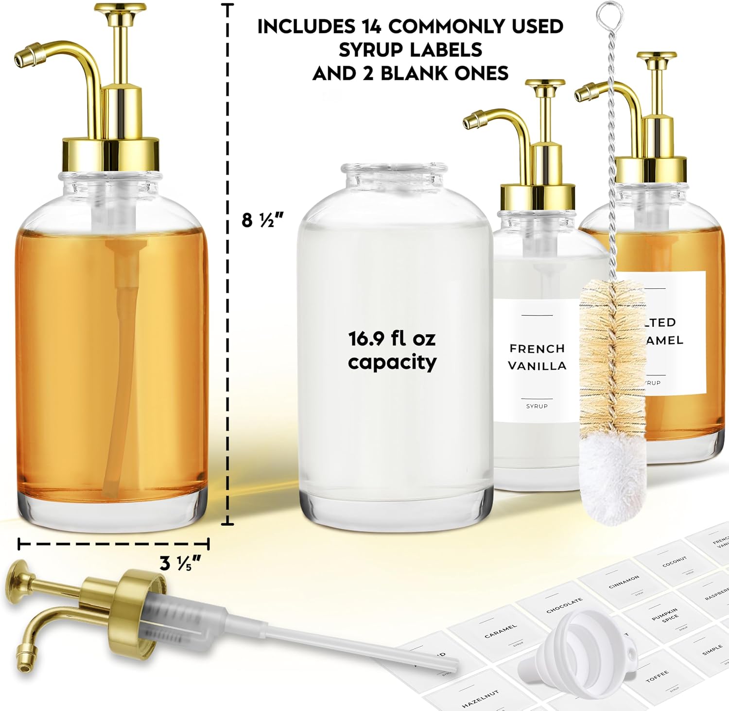 Thumbnail 1 de Spaceneat Coffee Syrup Dispenser with Pump (Glass) – 500 ml bottles, gold set with labels