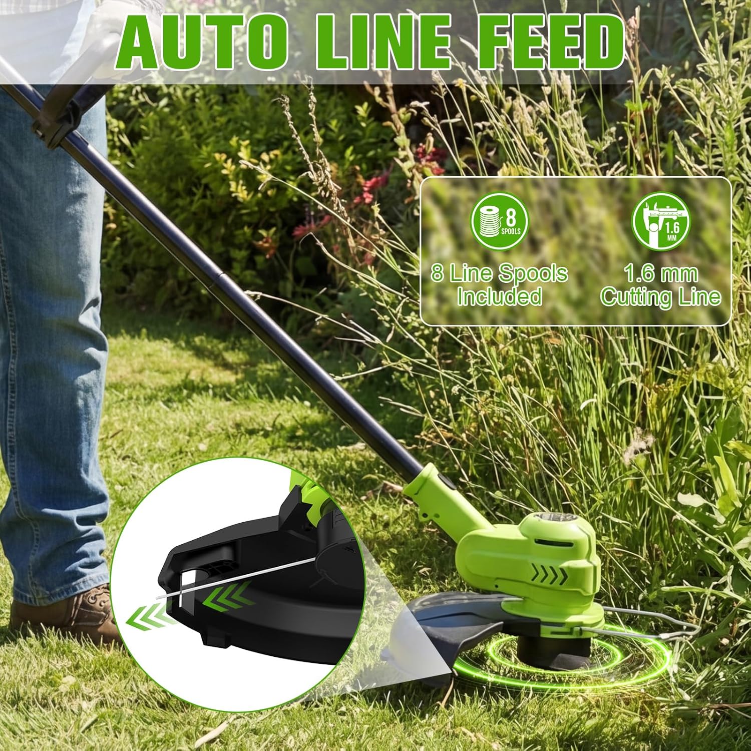 Thumbnail 3 de VOERJIA Cordless Grass Trimmer 21V (30cm) with 2 Batteries & Auto Line Feed, 2-in-1 Edger (Pro Edition LCD)