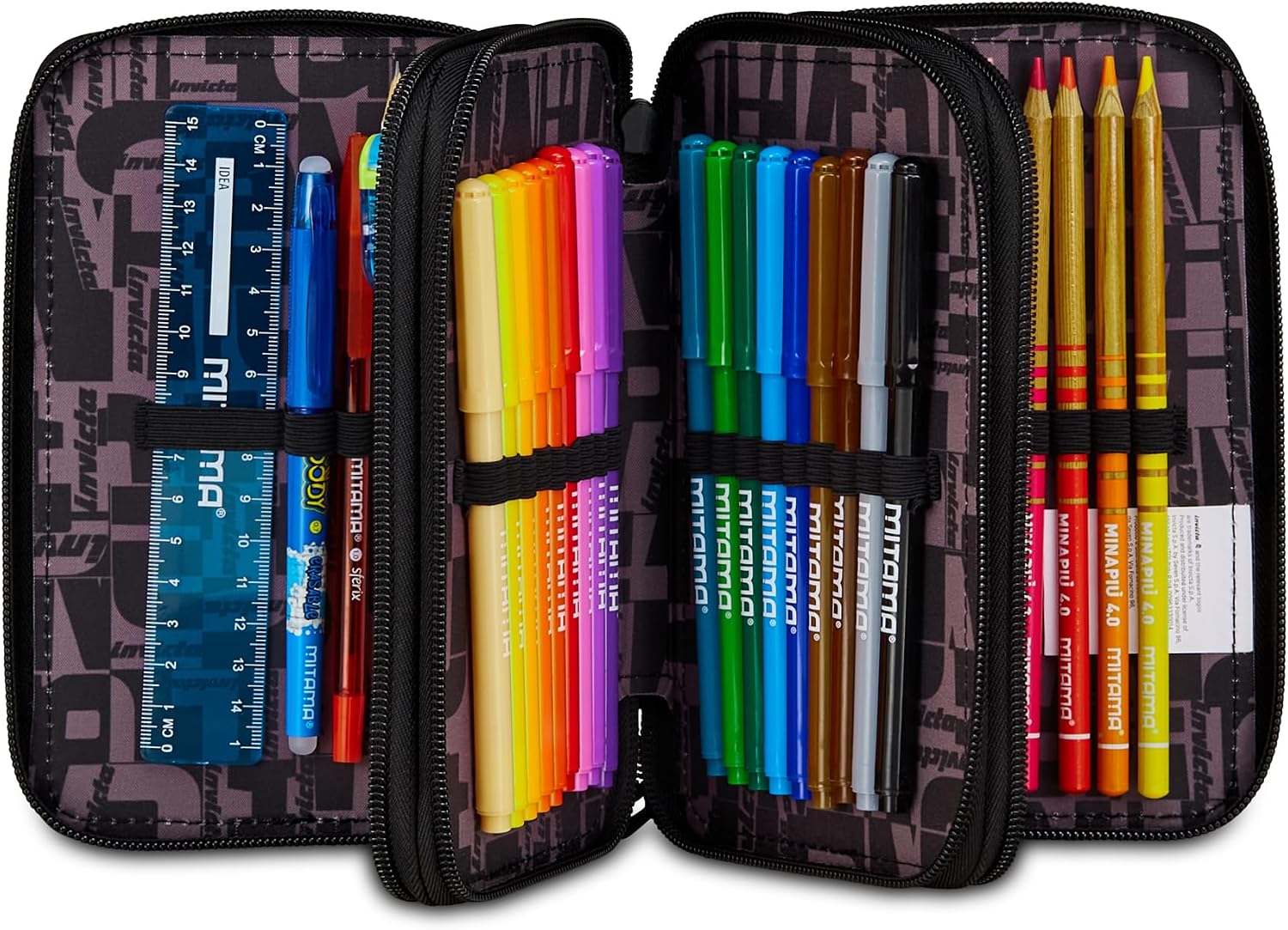 Detalle de Invicta Astuccio Scuola 3 Zip Fantasy blu con portapenne triplo scomparto completo