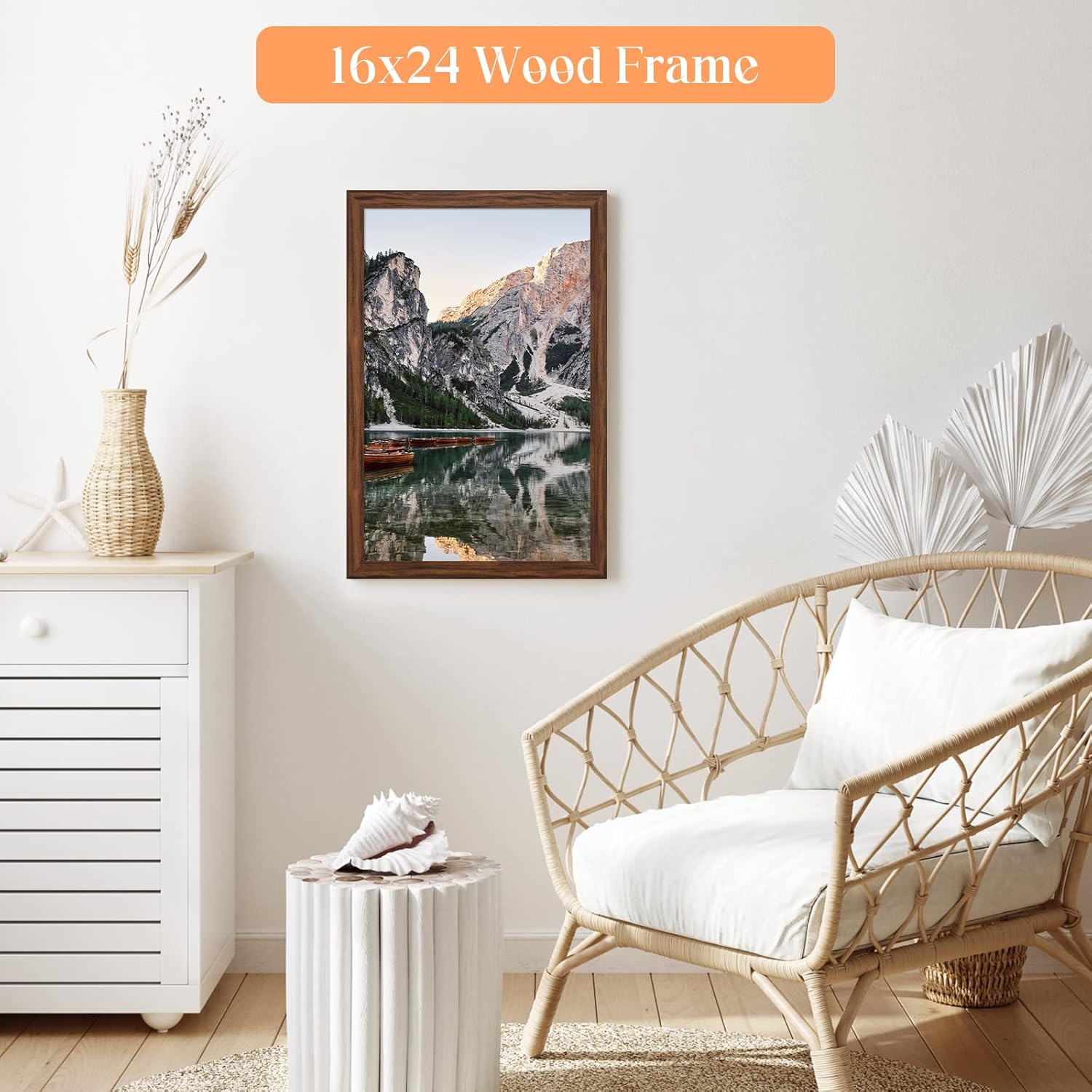 Thumbnail 2 de 16x24 Wood Frame Brown (Rustic Natural 24x16) with HD Plexiglass, Rotating Back Button — 16 x 24 / 24 x 16 Gallery Wall Picture Frame
