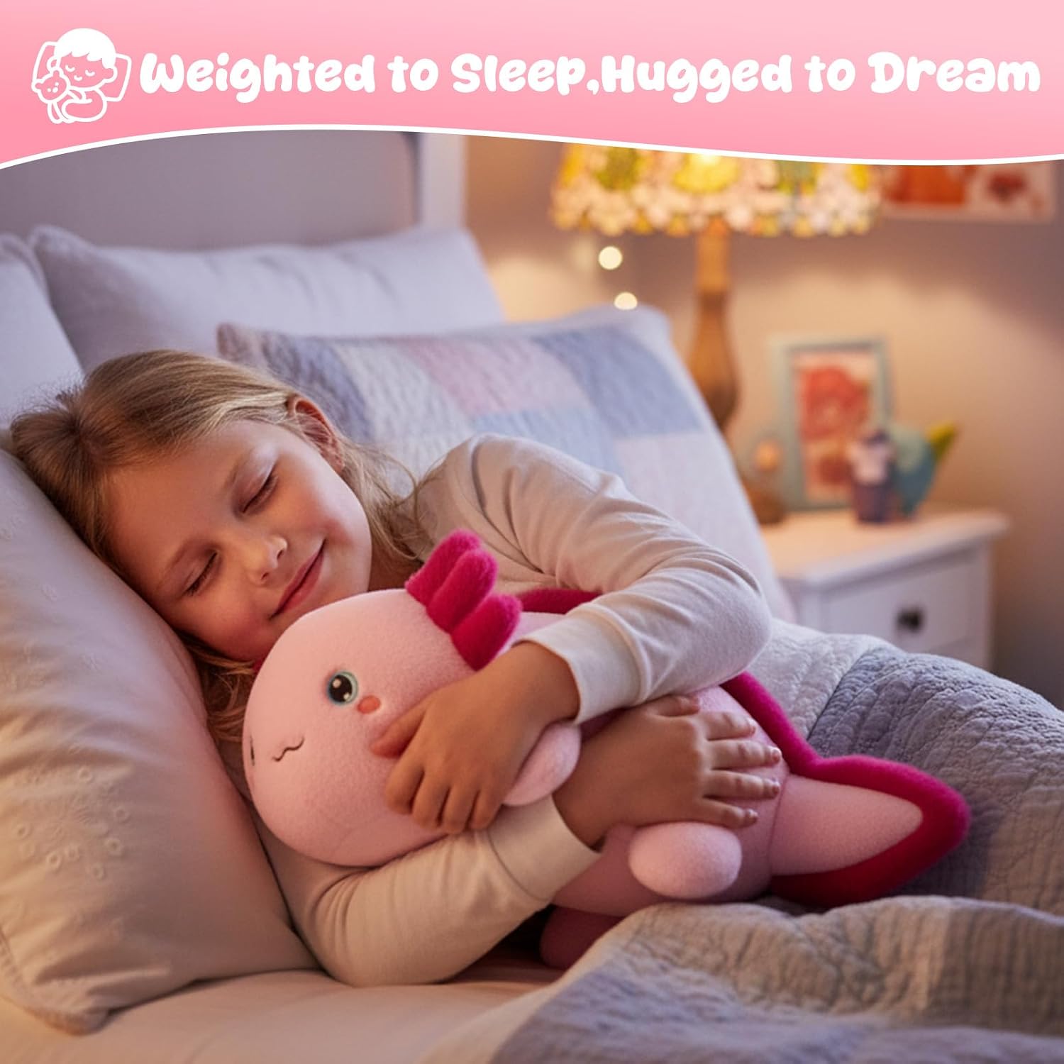 Detalle de SQEQE Weighted Pink Axolotl Plush: Soft Weighted Comfort in 35cm