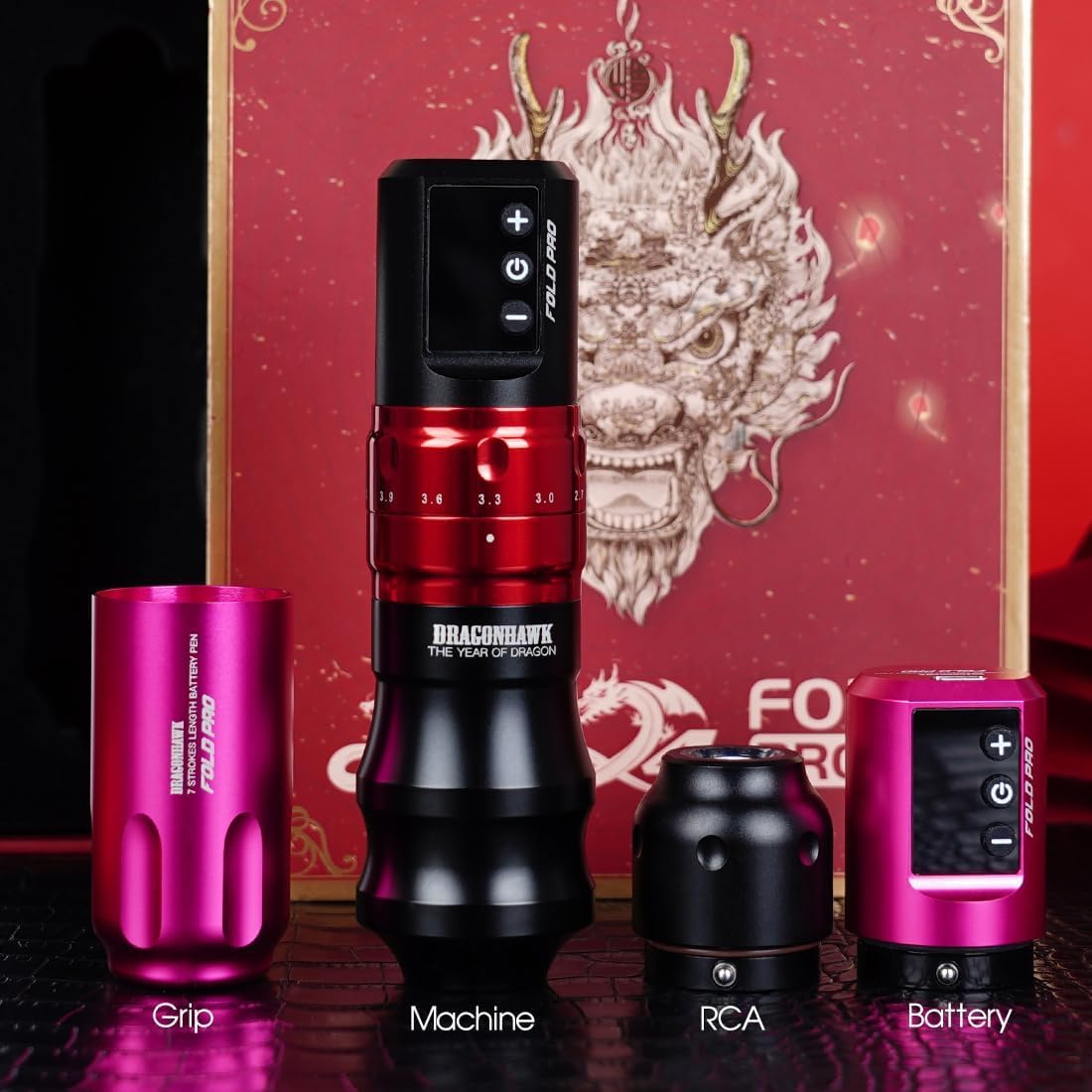 Detalle de Dragonhawk Fold Pro Kit sans fil avec 7 courses réglables (2,4 à 4,2 mm) et 2 batteries 1500 mAh – Rouge