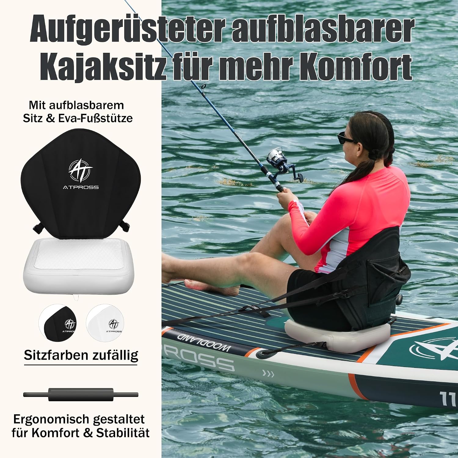 Detalle 2 de ATPROSS SUP Board 366x92 cm – Extra Groß, 240 kg Tragkraft, inkl. Sitz & Zubehör