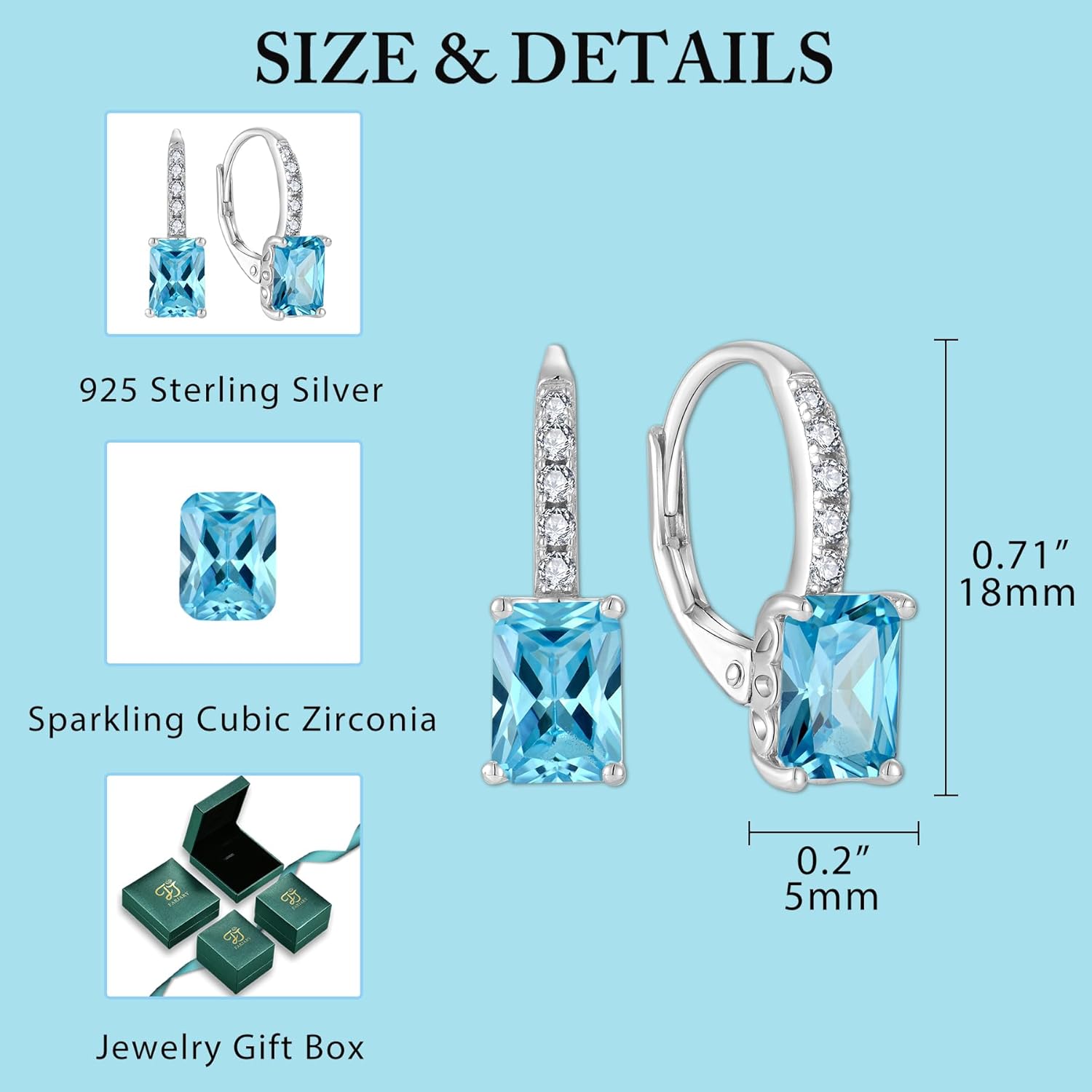 Thumbnail 5 de FJ Prinzessschliff Hängend Ohrringe für Damen aus 925 Sterling Silber – Quadrat-Solitaire mit Geburtsstein & Zirkonia