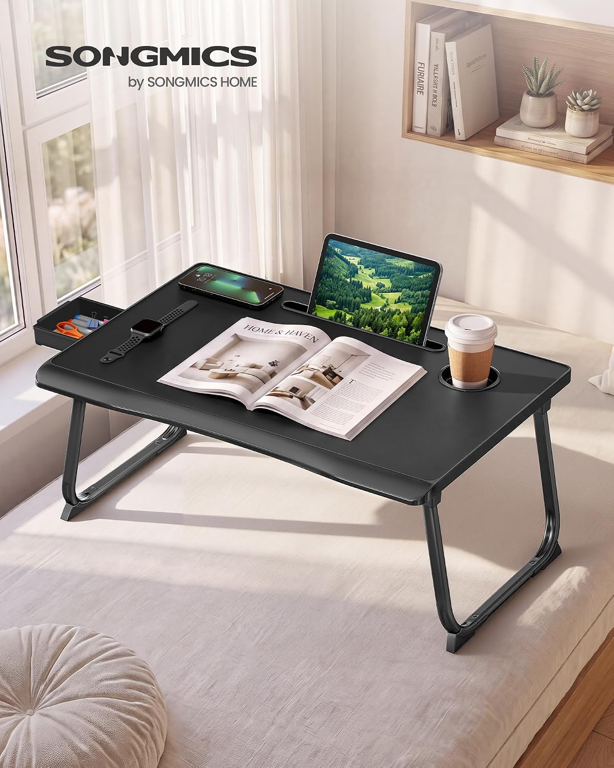 Detalle de SONGMICS ULLD120B101 Foldable Lap Desk with Cup Holder, Tablet Slot and Drawer