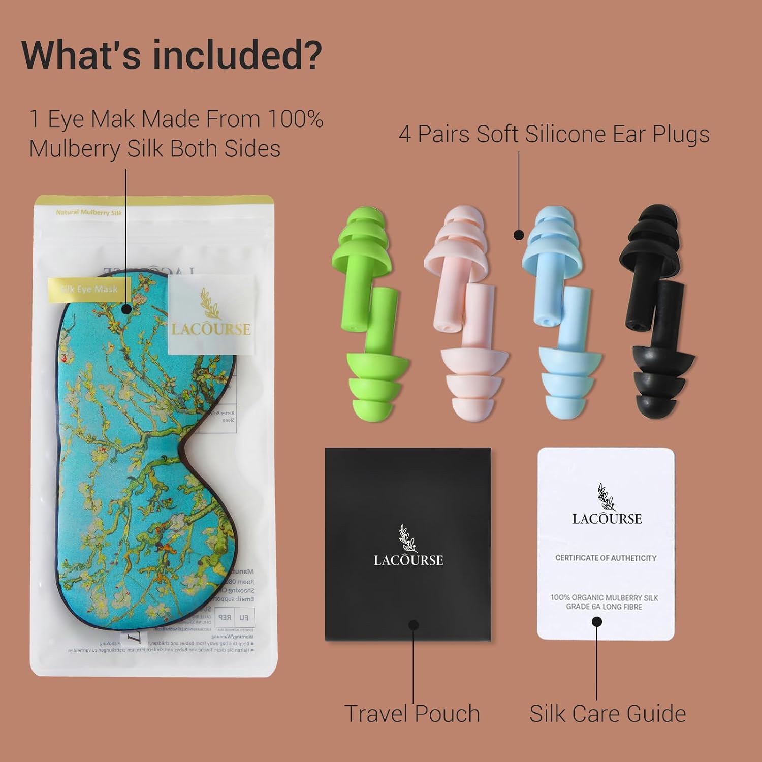 Detalle 2 de LaCourse 19 Momme Mulberry Silk Sleep Eye Mask with Soft Ear Plugs and Travel Pouch (Green-Floral)