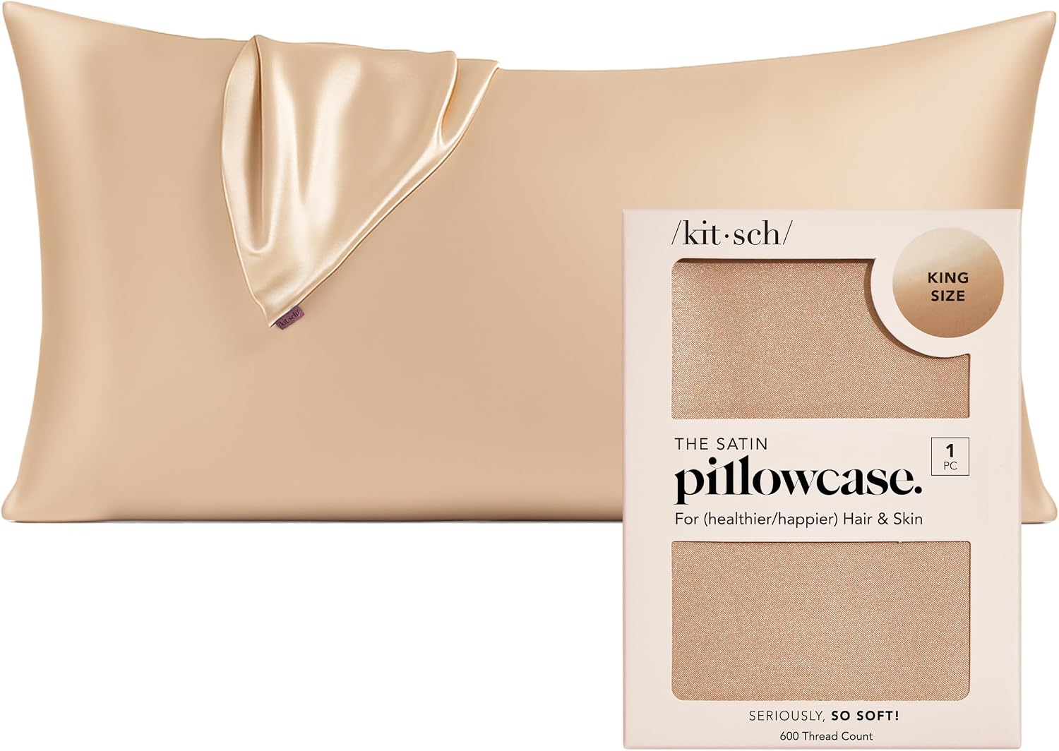 Detalle de Kitsch Satin Pillowcase with Zipper, King Size, Champagne