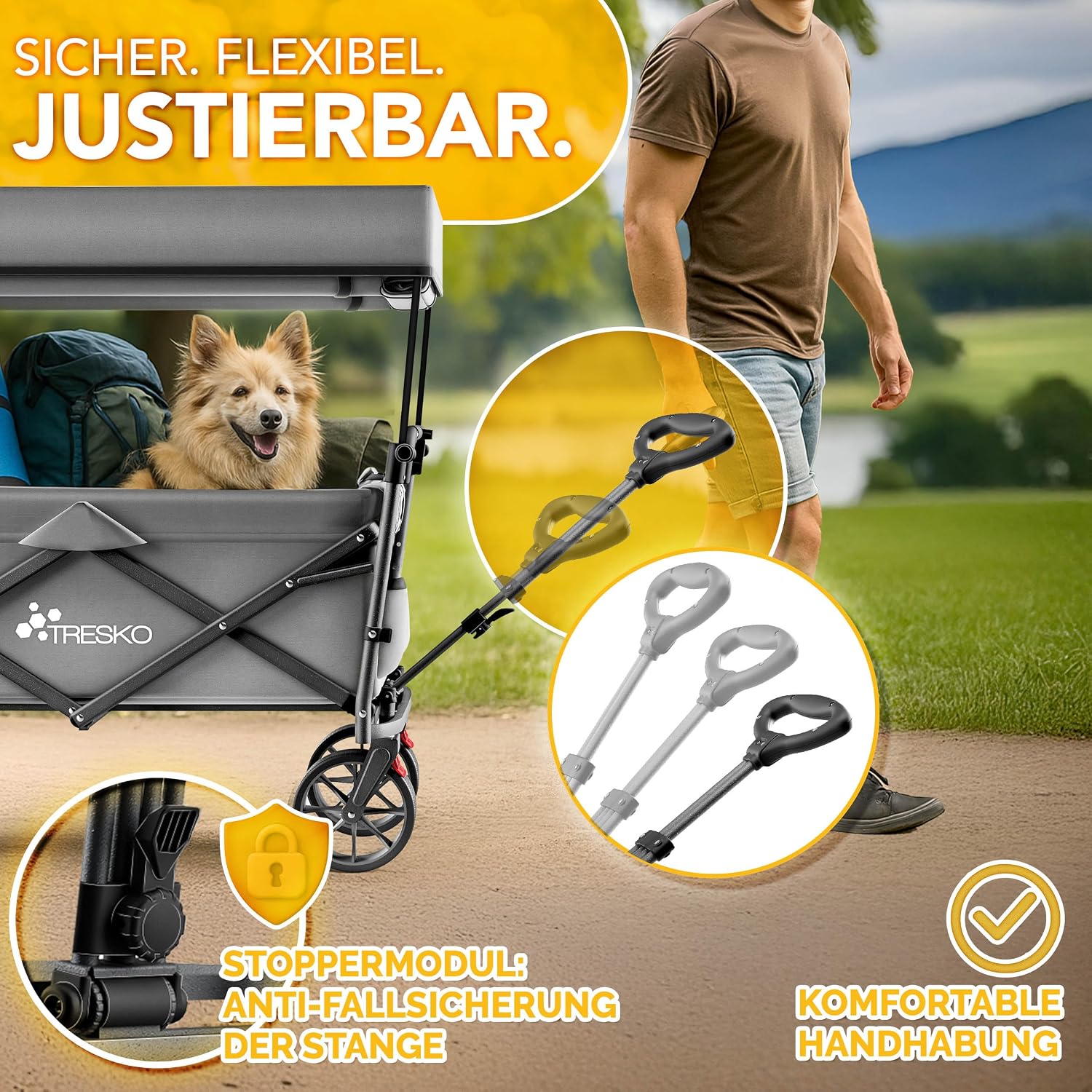 Detalle de TRESKO faltbarer Bollerwagen mit Dach, Kühlfach & Seitenrollos (bis 150 kg) – inkl. Vollgummireifen, Feststellbremsen & 3-Punkt-Gurt