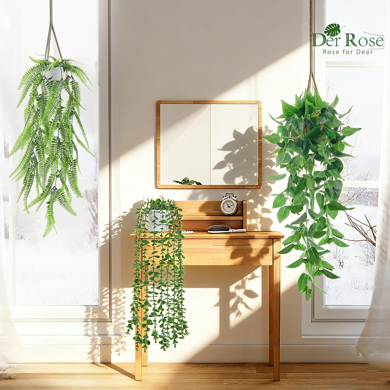 Detalle de 4er-Set künstliche Hängepflanzen – Eukalyptus, Boston-Farn, Perlenschnur & Pothos (Weiß)
