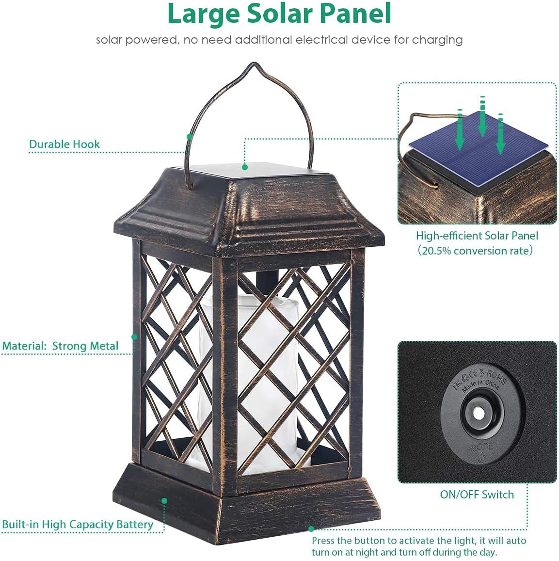 Thumbnail 3 de Solarbaby Solar Garten Lichter – Outdoor Laterne aus Metall mit Flammeneffekt (2er Set, Bronze)