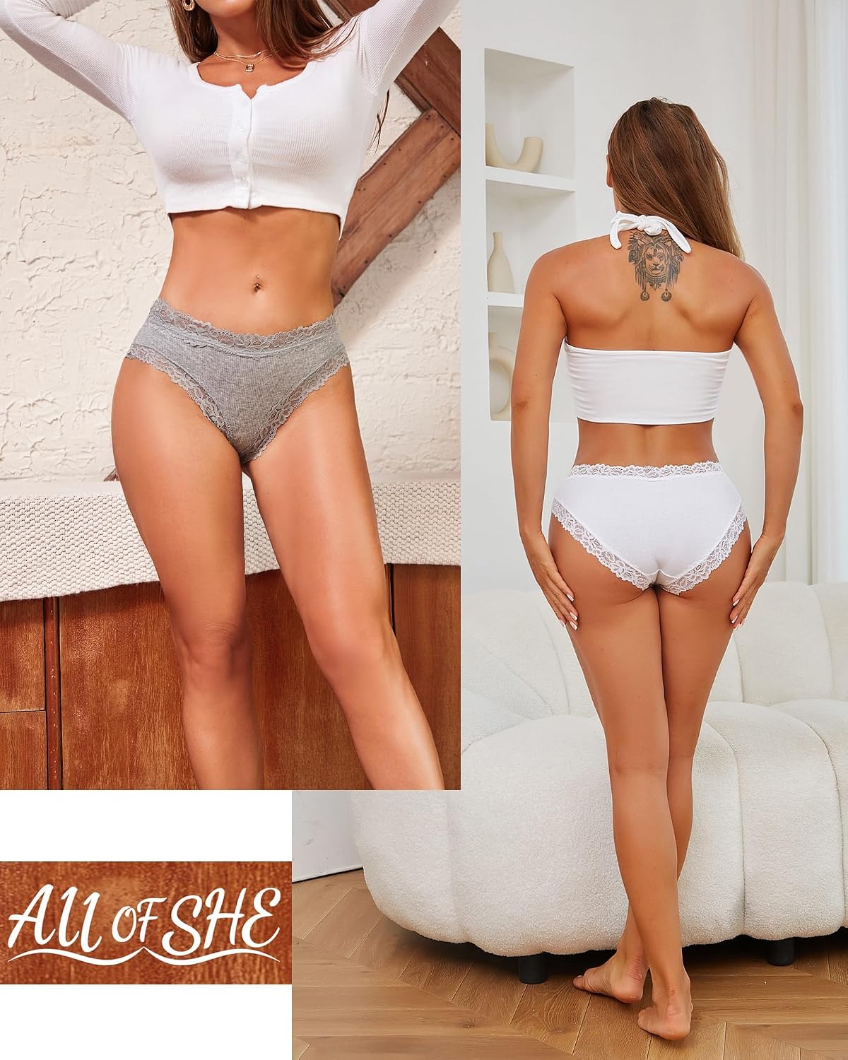 Thumbnail 4 de ALL OF SHE lot de 6 culottes en coton (95%) et élasthanne avec dentelle