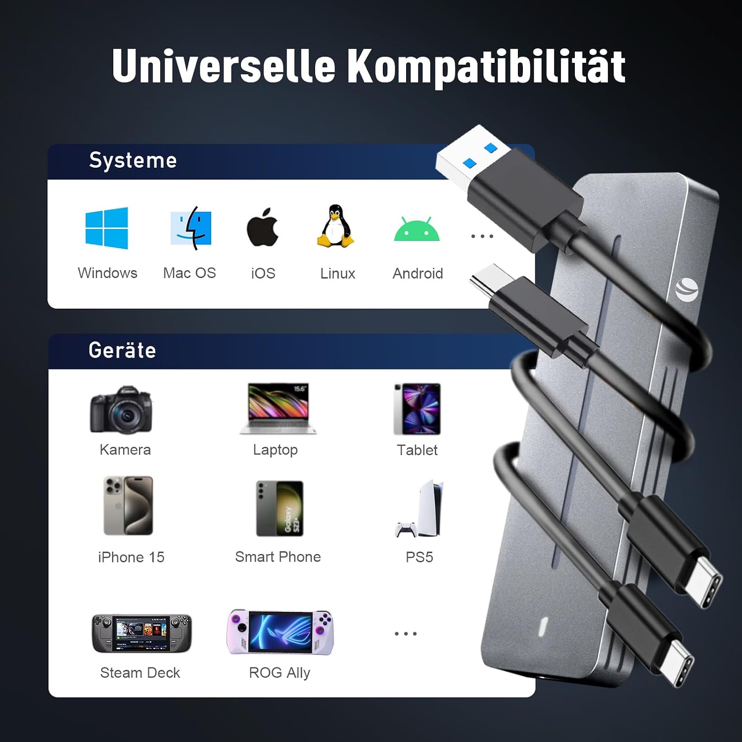 Detalle de VCOM M.2 NVMe/SATA SSD Gehäuse – 10 Gbps USB-C Adapter mit Kühlkissen, Aluminium, M-Key/M+B-Key, 2230–2280