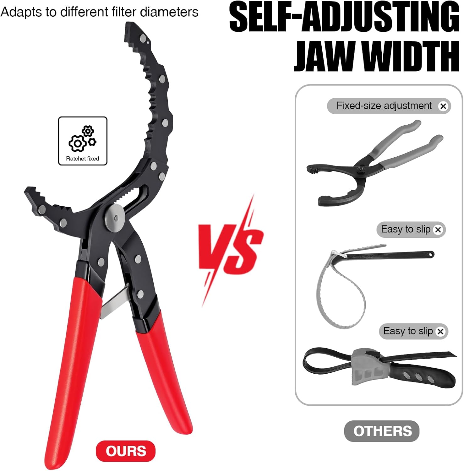 Detalle de DHSWNNG 12" Oil Filter Wrench – Adjustable, Heavy-Duty Carbon Steel Pliers (2-1/4" to 4-3/4" Opening, Red)
