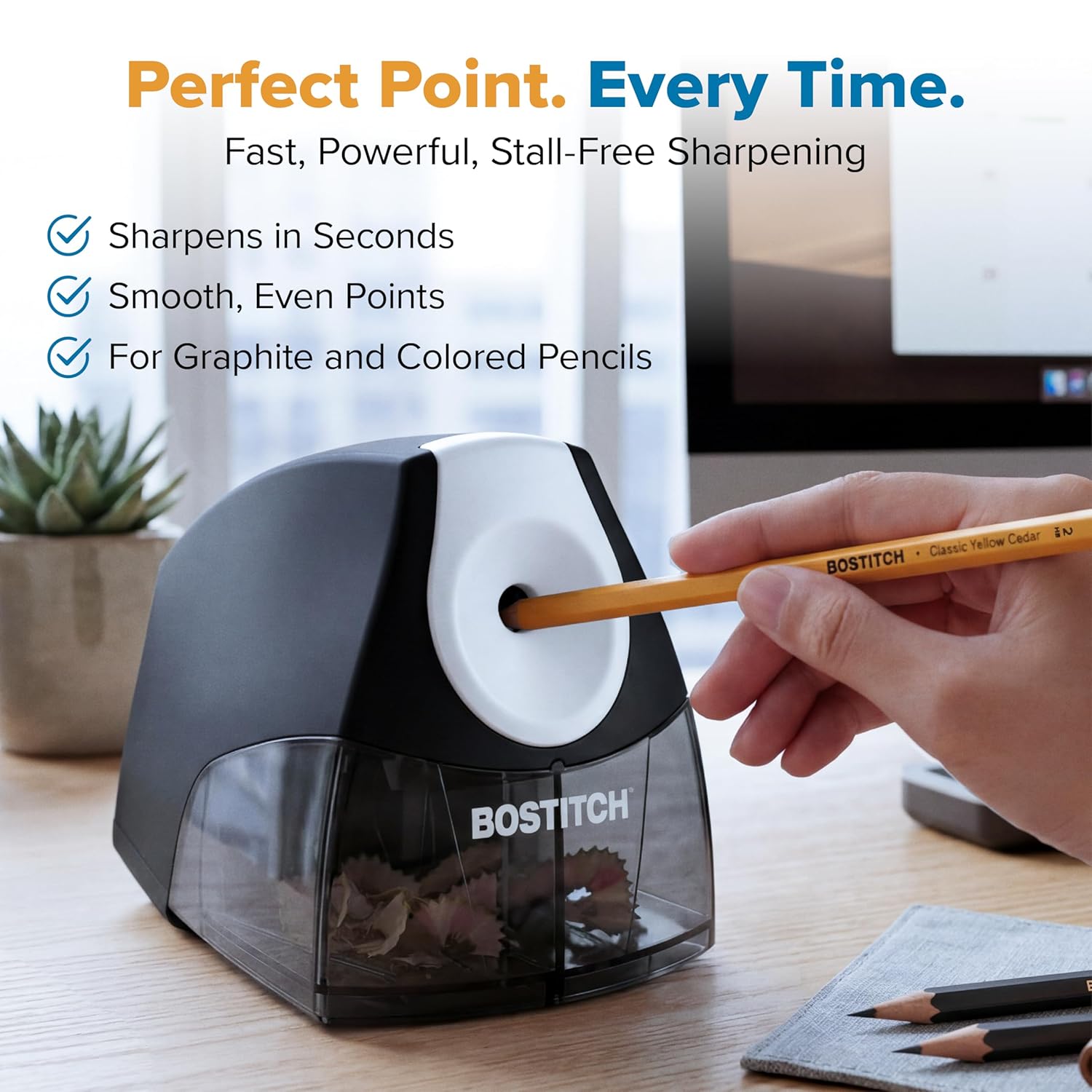 Detalle 2 de Bostitch Office Electric Pencil Sharpener (Heavy Duty, Stall-Free Motor) with High-Capacity Shavings Tray, Black