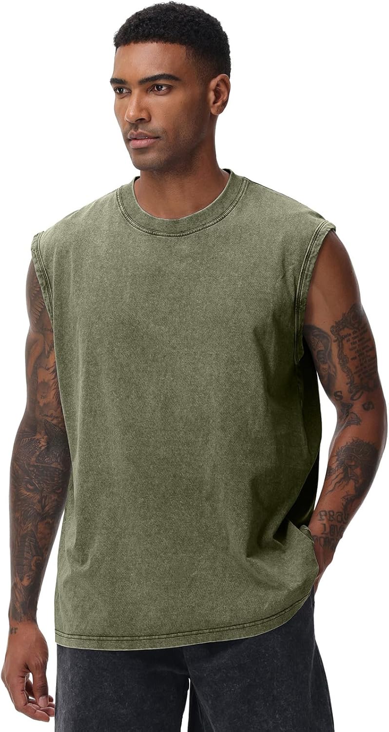 Detalle de SnowElve Men's Workout Tank Top: Acid-Washed Sleeveless Tee for Gym and Beach