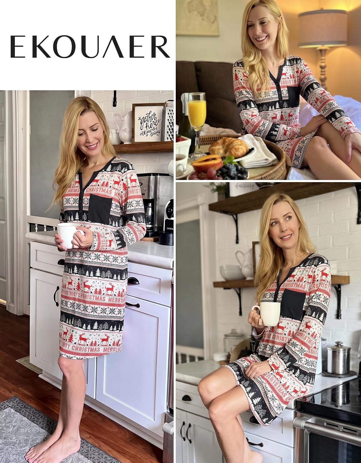 Detalle de Ekouaer Women's Long-Sleeve Button-Down V-Neck Nightshirt