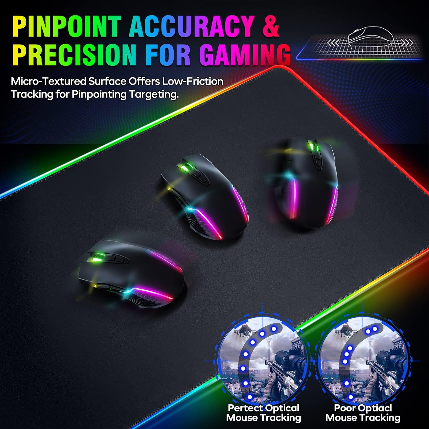 Detalle de Gimars RGB Gaming Mouse Pad XL (800x300x5mm) – Large, Non-Slip with 12 LED Modes